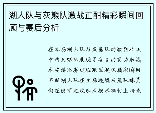 湖人队与灰熊队激战正酣精彩瞬间回顾与赛后分析